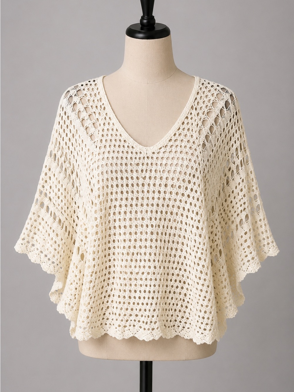 Takeout Cream Openwork Crochet Poncho Style Sweater